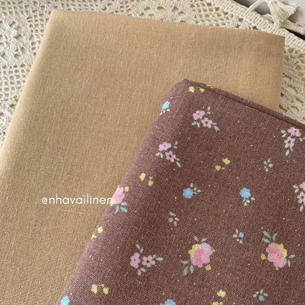 Vải linen bột hoa nền nâu