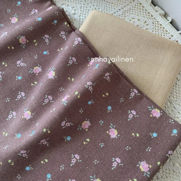 Vải linen bột hoa nền nâu