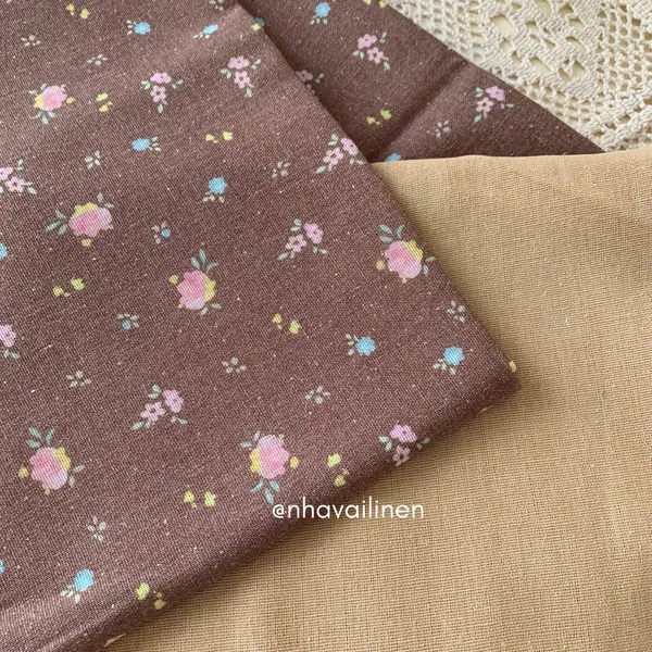 Vải linen bột hoa nền nâu