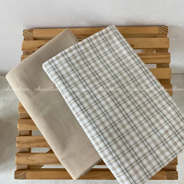 Vải cotton caro nâu viền đen