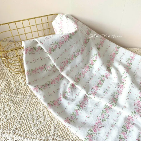 Vải linen bột hoa dây hồng