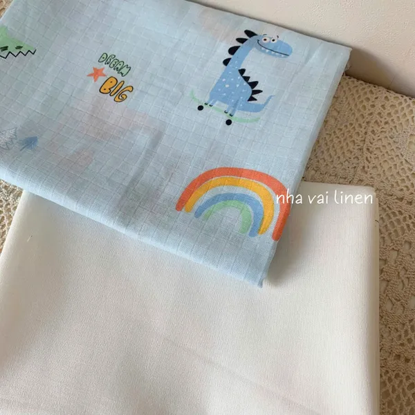 Vải xô ô vuông organic hoạ tiết khủng long