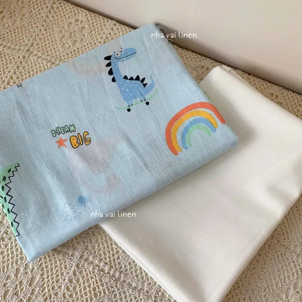 Vải xô ô vuông organic hoạ tiết khủng long