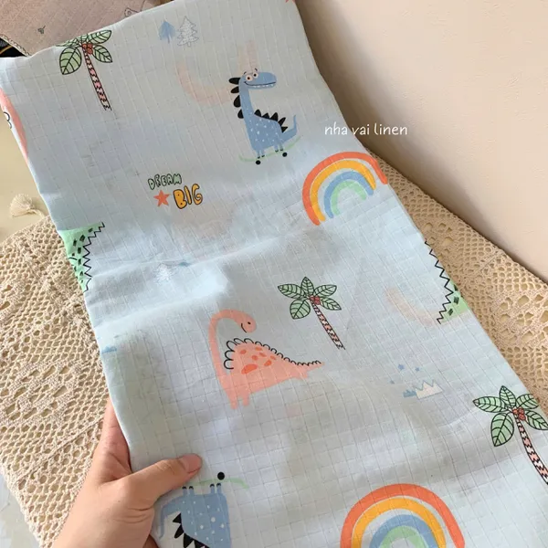 Vải xô ô vuông organic hoạ tiết khủng long