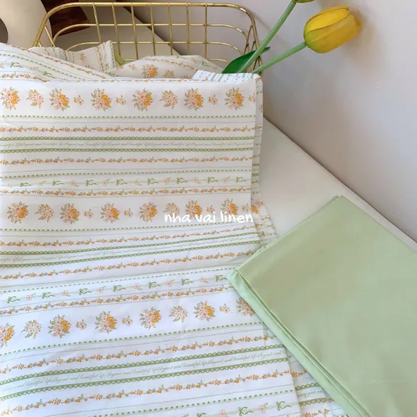 Vải cotton hoạ tiết sọc hoa vàng