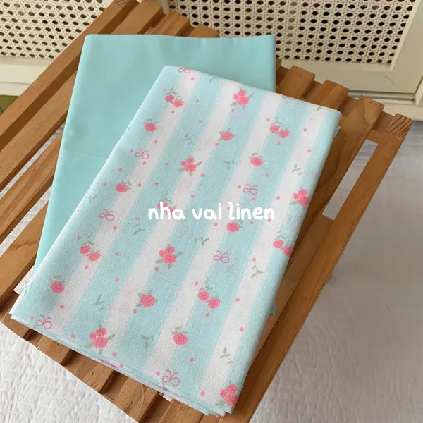 Vải linen bột nơ hoa xanh mint