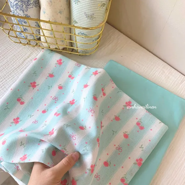Vải linen bột nơ hoa xanh mint