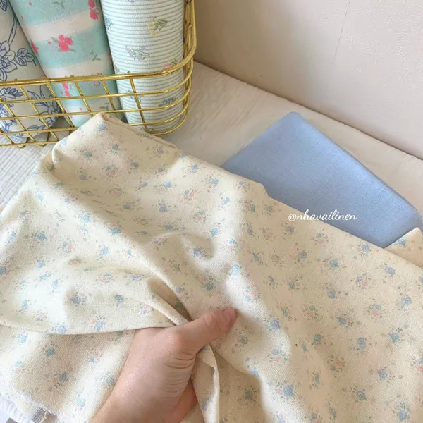 Vải linen bột hoa lam hường