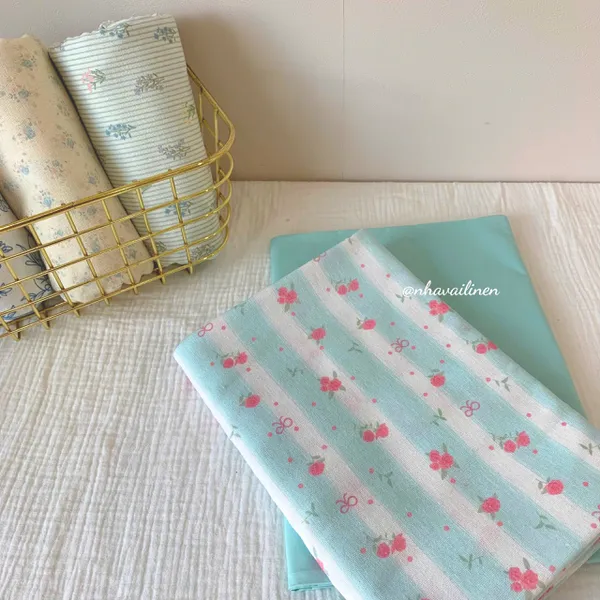 Vải linen bột nơ hoa xanh mint