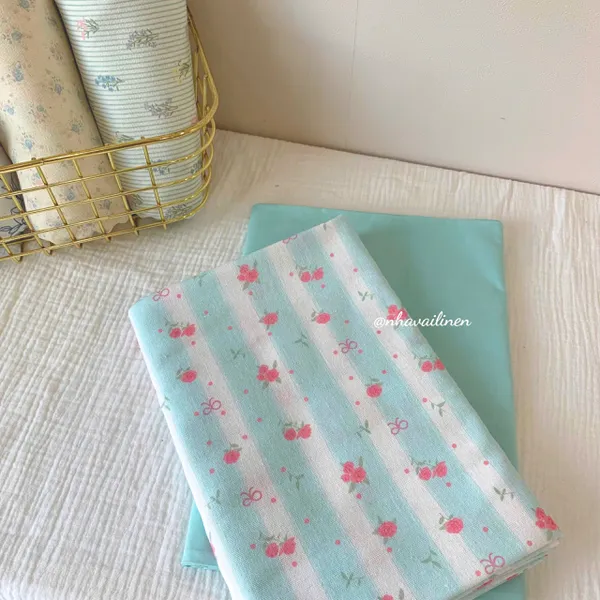 Vải linen bột nơ hoa xanh mint