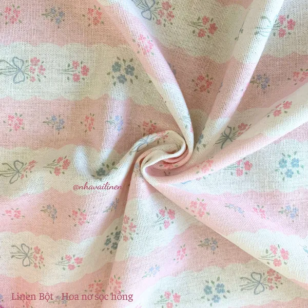 Vải linen bột hoa nơ sọc hồng