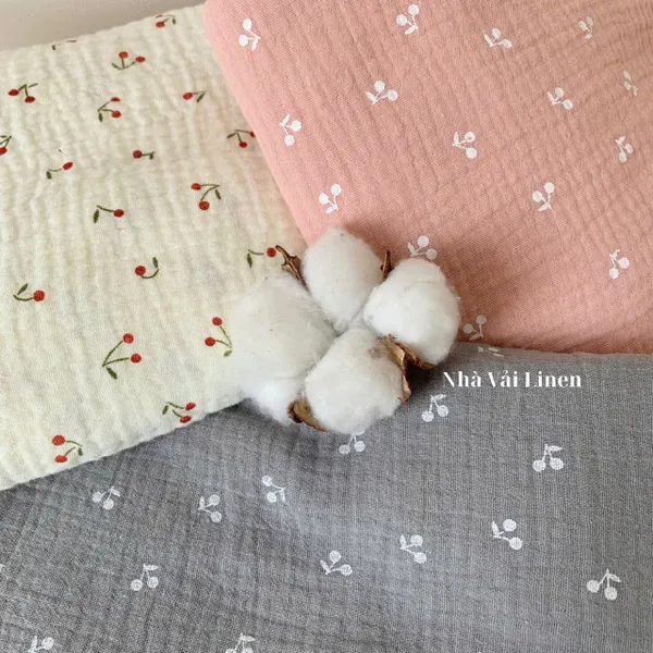 Xô muslin cao cấp 2 lớp hoạ tiết cherry