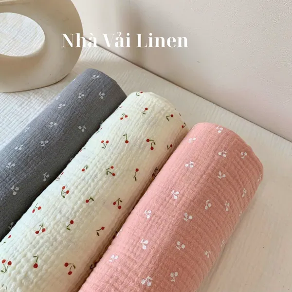 Xô muslin cao cấp 2 lớp hoạ tiết cherry