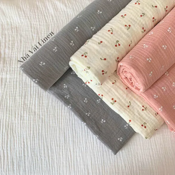 Xô muslin cao cấp 2 lớp hoạ tiết cherry