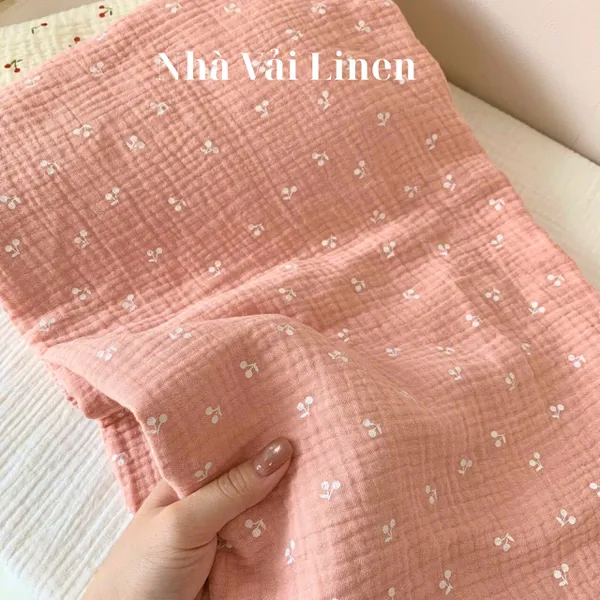Xô muslin cao cấp 2 lớp hoạ tiết cherry