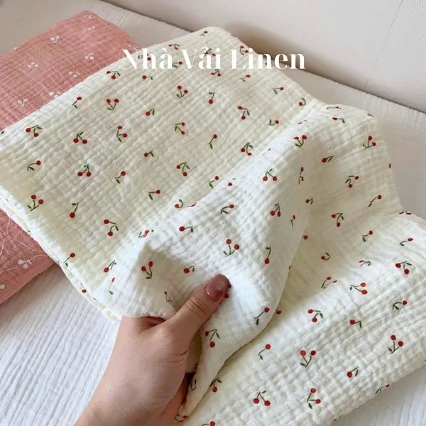 Xô muslin cao cấp 2 lớp hoạ tiết cherry