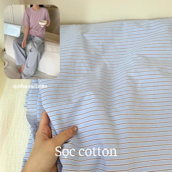 Vải caro cotton sọc đỏ nền xanh