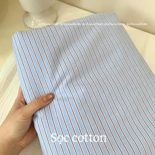 Vải caro cotton sọc đỏ nền xanh
