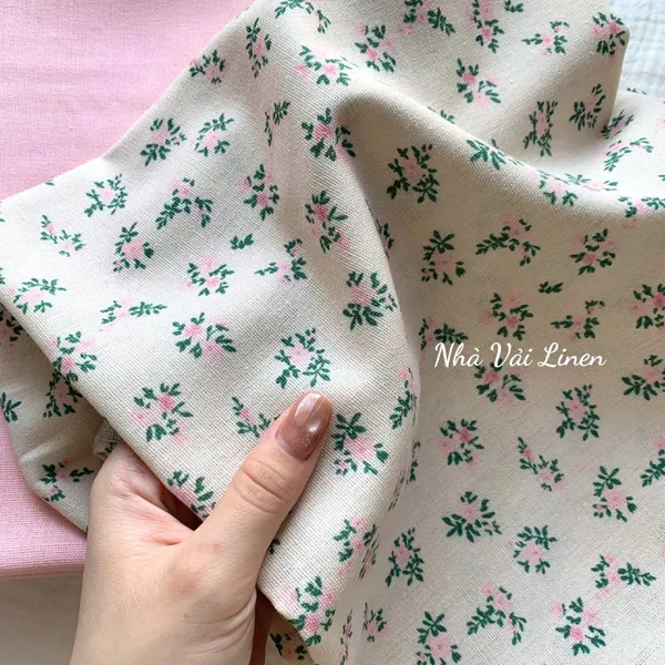 Vải Linen Bột Dày LÁ XANH NỀN BE Chất Vải Dày Dặn