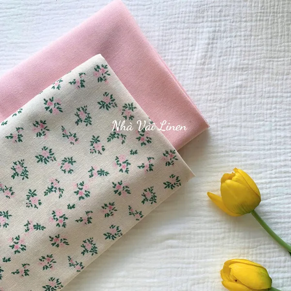 Vải Linen Bột Dày LÁ XANH NỀN BE Chất Vải Dày Dặn