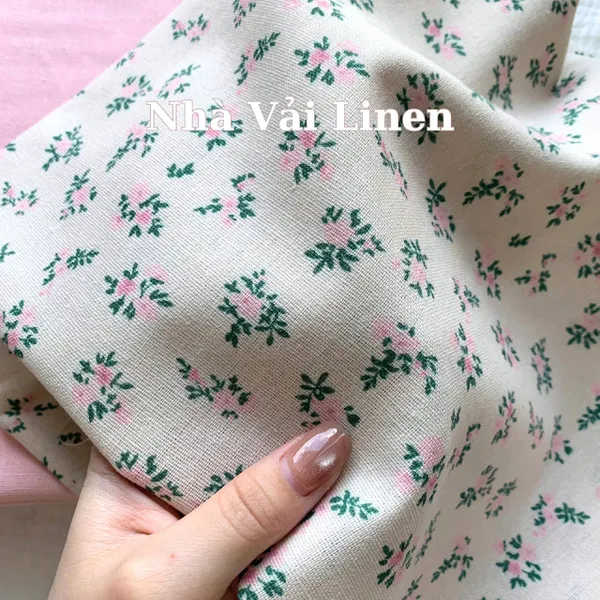 Vải Linen Bột Dày LÁ XANH NỀN BE Chất Vải Dày Dặn