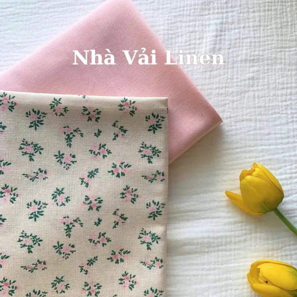 Vải Linen Bột Dày LÁ XANH NỀN BE Chất Vải Dày Dặn