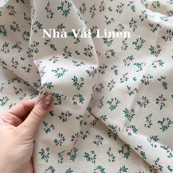 Vải Linen Bột Dày LÁ XANH NỀN BE Chất Vải Dày Dặn