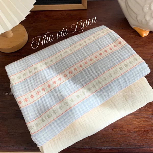 Xô muslin cao cấp 2 lớp hoạ tiết caro xanh sọc cam