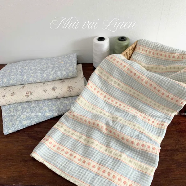 Xô muslin cao cấp 2 lớp hoạ tiết caro xanh sọc cam