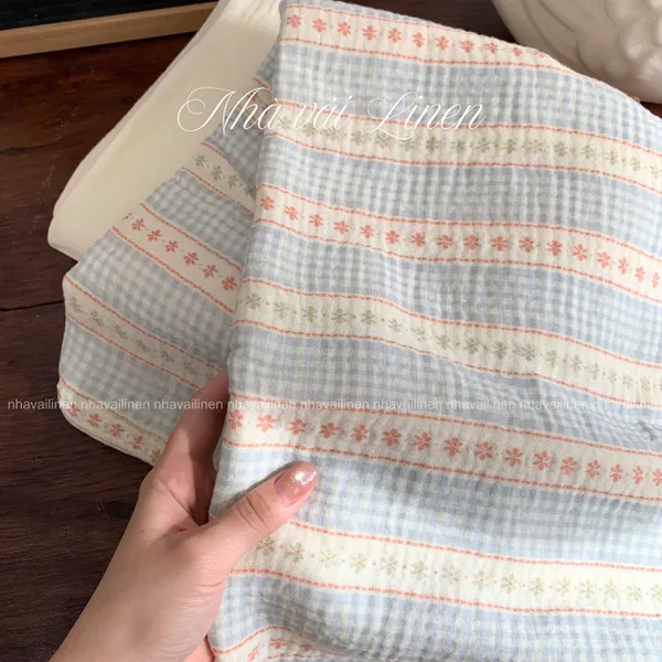 Xô muslin cao cấp 2 lớp hoạ tiết caro xanh sọc cam