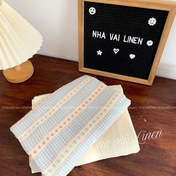 Xô muslin cao cấp 2 lớp hoạ tiết caro xanh sọc cam