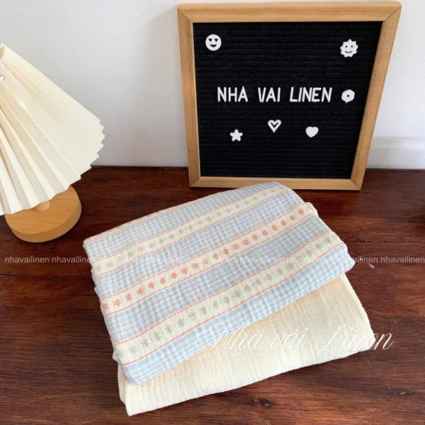 Xô muslin cao cấp 2 lớp hoạ tiết caro xanh sọc cam