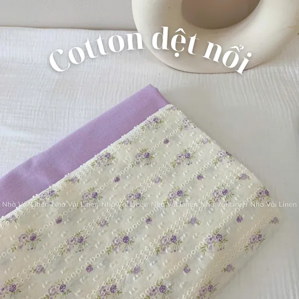 COTTON DỆT NỔI HOA LÁ TÍM