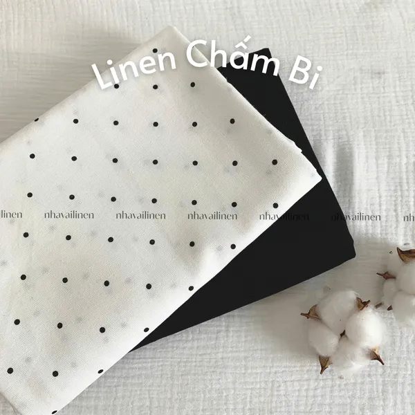 Vải linen bột chấm bi đen