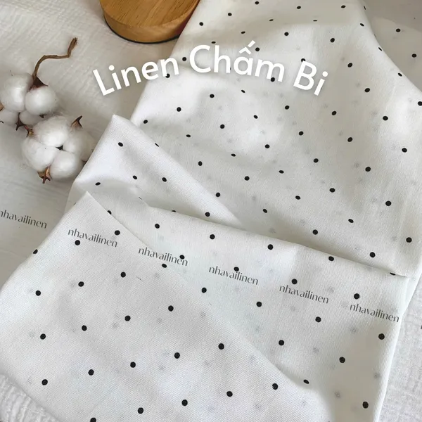 Vải linen bột chấm bi đen