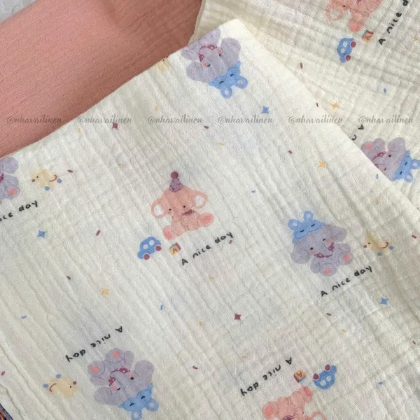 Xô muslin cao cấp 2 lớp hoạ tiết voi sinh đôi