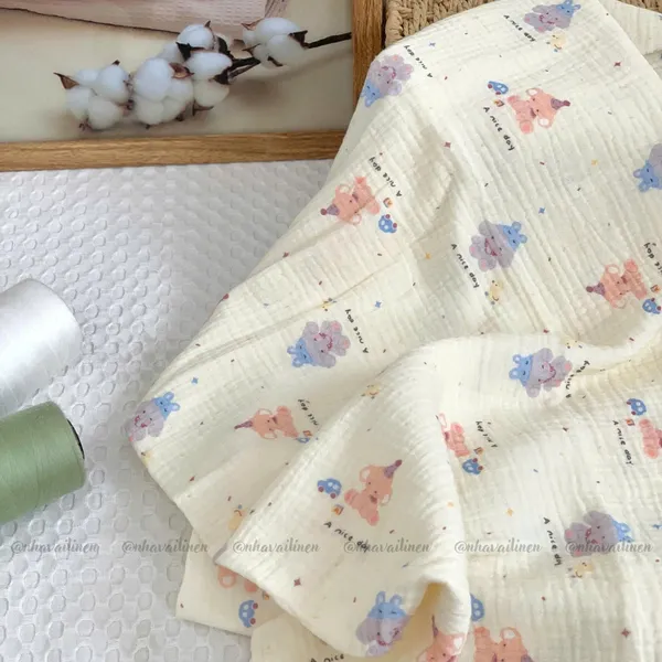 Xô muslin cao cấp 2 lớp hoạ tiết voi sinh đôi