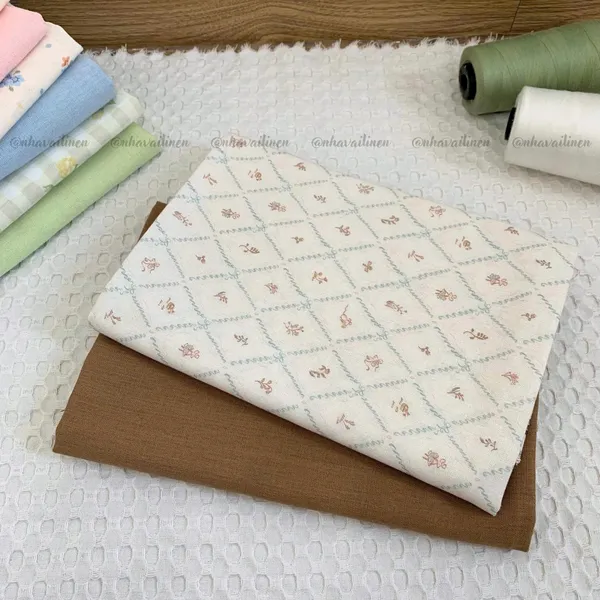 Vải linen bột hoa nâu sọc xanh