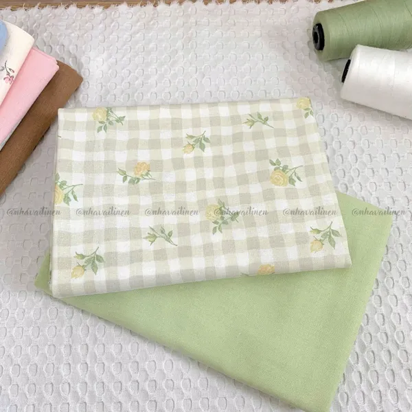 Vải linen bột ô vuông hoa