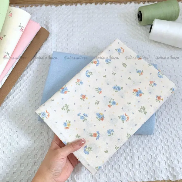 Vải linen bột hoa cam xanh