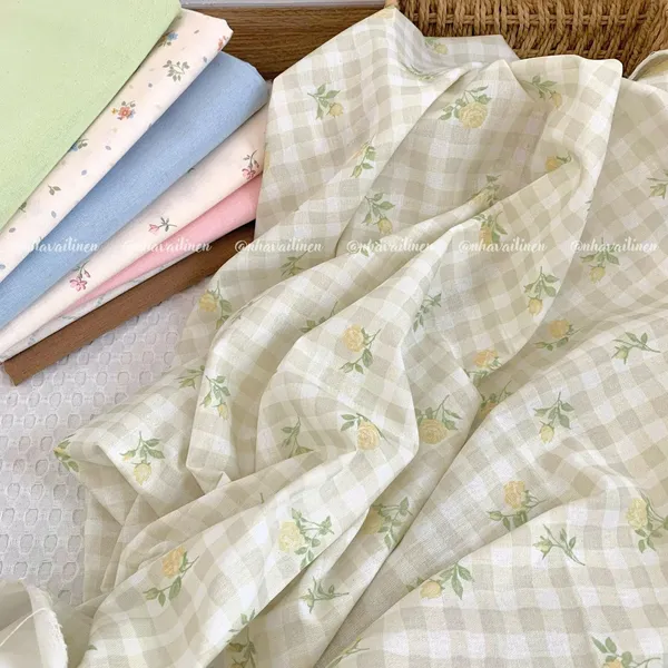 Vải linen bột ô vuông hoa