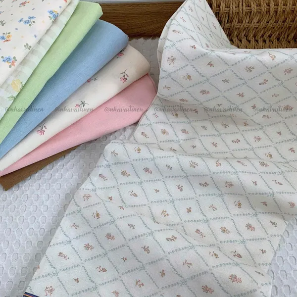 Vải linen bột hoa nâu sọc xanh