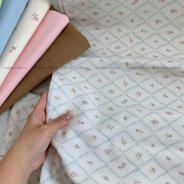 Vải linen bột hoa nâu sọc xanh