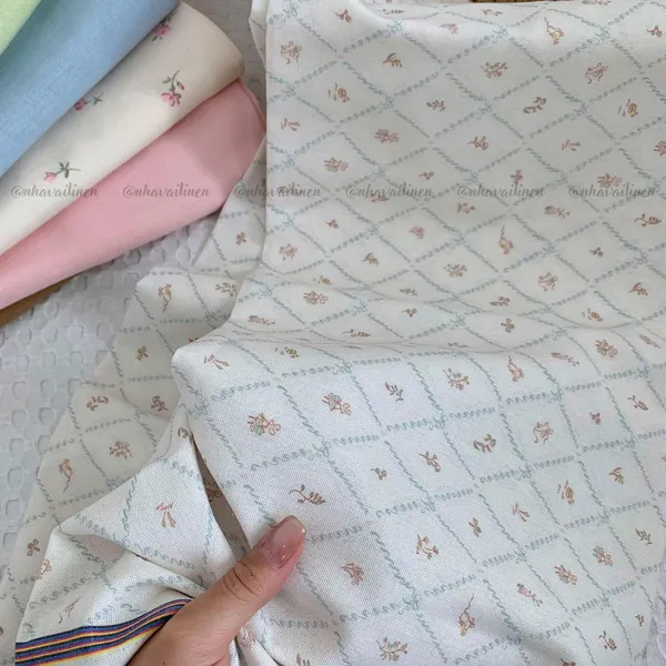 Vải linen bột hoa nâu sọc xanh