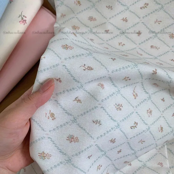 Vải linen bột hoa nâu sọc xanh