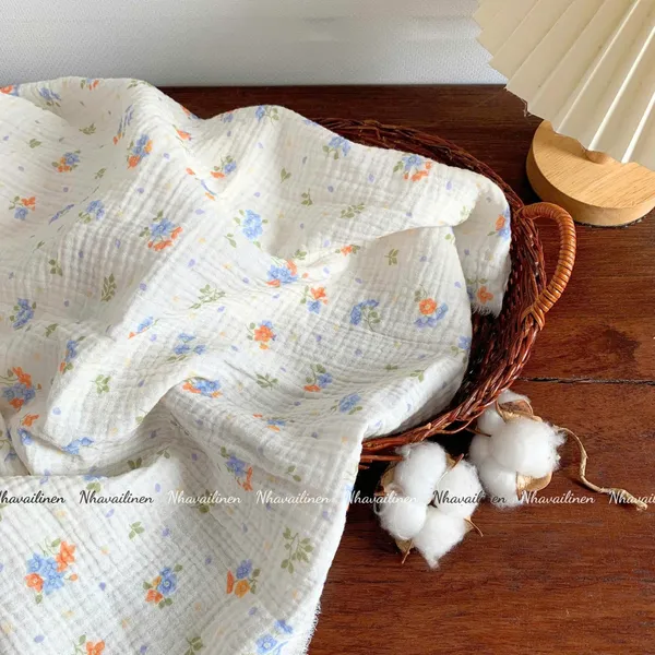 Xô muslin cao cấp 2 lớp hoạ tiết hoa cam xanh