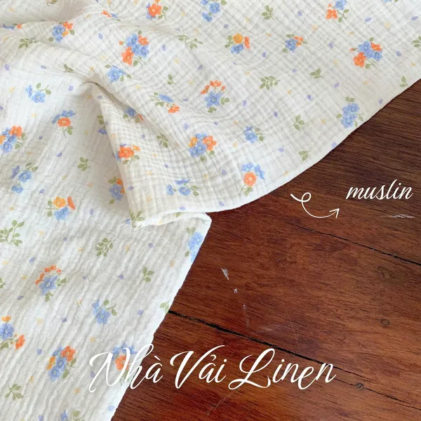 Xô muslin cao cấp 2 lớp hoạ tiết hoa cam xanh
