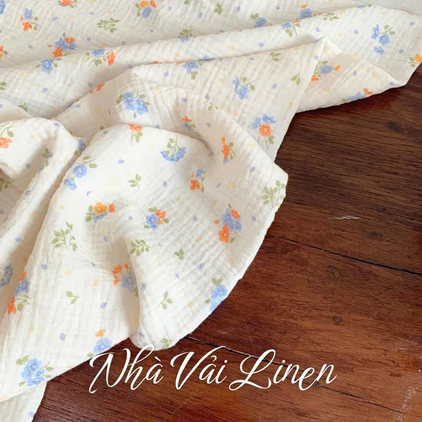 Xô muslin cao cấp 2 lớp hoạ tiết hoa cam xanh