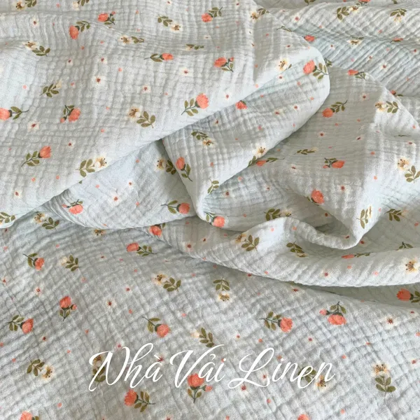 Xô muslin cao cấp 2 lớp hoạ tiết hoa tulip cam nền xanh