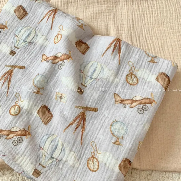 Xô muslin cao cấp 2 lớp hoạ tiết khinh khí cầu